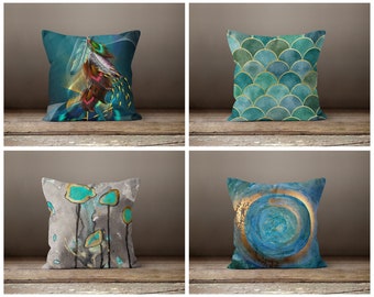 Blue Green Cushion Cover|Abstract pillow case|Modern flower Cushion case|Garden throw pillow cover|Gift for her cushion|Handmade material