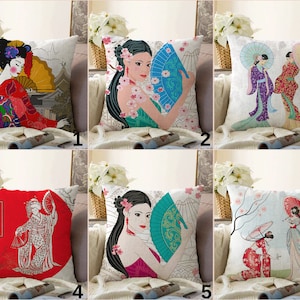 Japanese Woman Cushion Cover, Kimono Design Pillow Case, Asian Inspired Cushion Cover