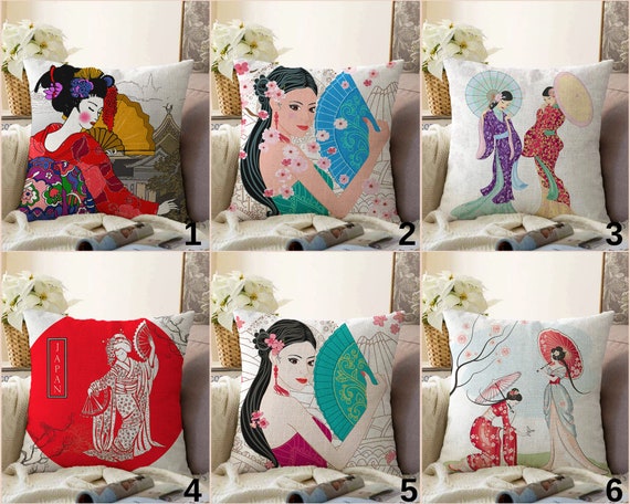 Japanese Woman Cushion Cover Kimono Design Pillow Case Asian Inspired Cushion Cover Etsy
