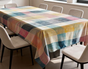 May include: A rectangular tablecloth with a colorful plaid pattern in shades of pink, blue, yellow, and orange. The tablecloth is draped over a large dining table, with several chairs visible around it. The fabric appears to be textured.