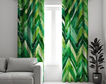 Groene chevron aquarelgordijnen, gedurfde gordijnen met bladprint, levendige woondecoratie voor woonkamer en slaapkamer, op de natuur geïnspireerde raambekleding