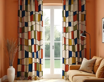 レトロな幾何学模様のブロックプリントカーテン、ミッドセンチュリー