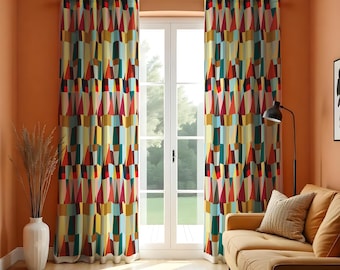 Retro Geometric Curtains, Color Block Pattern Drapes, Mid-Century Modern Vibrant Window Panels, Bold Abstract Decor