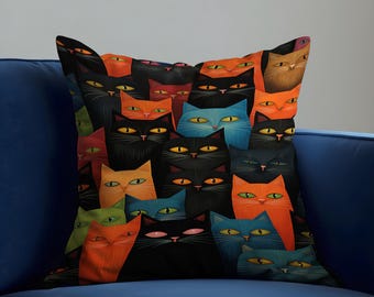 Funda de cojín con caras de gato coloridas, funda de almohada con gatos negros y arcoíris, fundas de almohada decorativas y originales, decoración moderna para amantes de los gatos.