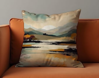 Housse de coussin paysage de montagne serein, taie d'oreiller lac, arbres et coucher de soleil dans des tons ocre, scène aquarelle housse de coussin