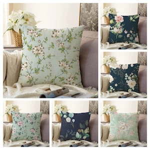 Traditional Floral Cushion Cover, Farmhouse Pillow Case, Duck Egg Blue Living Room Decor,Navy Blue Flower Home Decoration, Housewarming Gift