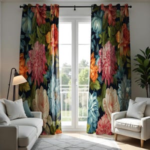 Vibrant Floral Curtains, Large Peony & Rose Design, Bold Colors Window Drapes, Custom Length Curtains for Living Room