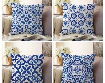 Blue Tiles Cushion Cover|Mosaic Style Pillow Cases|Authentic Living Room Decor|Spanish Tile Home Textiles|Mediterranean bedroom decoration