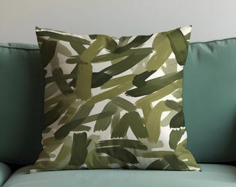 Olive Green Abstract Cushion Cover, Modern Brush Stroke Pillow Case, Minimalist Scandi Throw Cushion Case