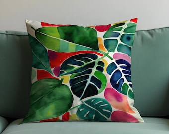 EKOBLA Federa Per Cuscino 50x76 Cm Con Foglie Tropicali E Fiori Acquerello - Per Divano E Letto - Colorata