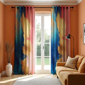 Abstrakter rosa, blauer & senffarbener Vorhang, moderne Fensterdekoration, lebendige Pinselstriche Vorhänge, Boho Chic drapieren auf Bestellung
