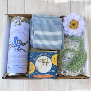 Blaues Pflegepaket - Tee, Duschdampfer, Blumen Lesezeichen & Socken - Geschenkbox - Buchliebhaber Geschenk - Wähle Deine Karte