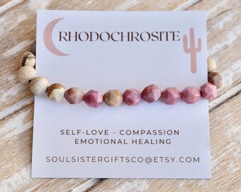 SELF LOVE Crystal Bracelet - Rhodochrosite Bracelet - Star Cut Gemstone Bracelet- Self Love & Compassion - Stacking Bracelet - Yoga Jewelry