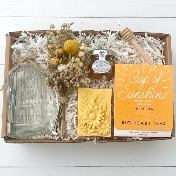 Ensemble soin soleil et fleurs - Choisissez votre carte - Thé soleil, miel, mini bouquet dans un vase et sachet de cire ou savon aux fleurs sauvages