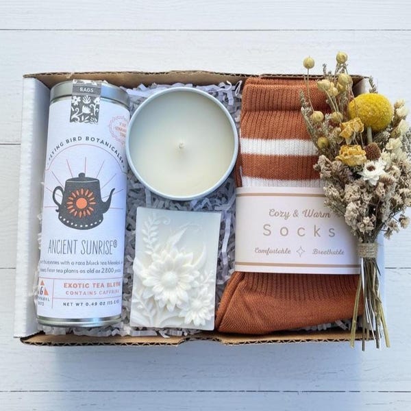 Tea Care Package - Tea, Socks, Soy Candle, Wildflower Soap & Wildflower Bouquet - Choose Your Card