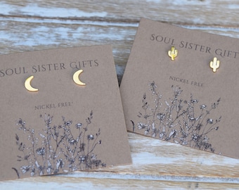 Cactus, Hearts & Moon Earrings - Gift Box Add Ons - Gold Cactus Studs - Gold Crescent Moon Studs - Gold Heart Studs - Desert Vibes Earrings