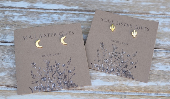Cactus, Hearts & Moon Earrings - Gift Box Add Ons - Gold Cactus Studs - Gold Crescent Moon Studs - Gold Heart Studs - Desert Vibes Earrings