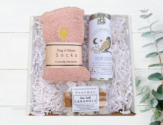 Cozy Gift - Pink Fuzzy Socks, Dream Catcher Tea & Sea Salt Caramels - Gifts for Her - Choose Your Card - Sending Hugs - Birthday - Sympathy