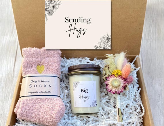 Sending Hugs Gift - Gift For BFF - Friendship Gift - Pink Socks, Bouquet & Candle Gift - Gift For Sending Hugs
