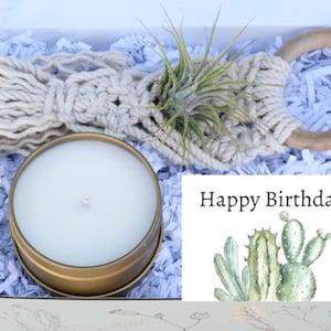 Happy Birthday Macrame Air Plant Gift Box - Macrame Air Plant Hanger with Soy Candle Gift - Self Love Gift