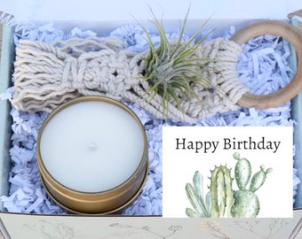 Happy Birthday Macrame Air Plant Gift Box - Macrame Air Plant Hanger with Soy Candle Gift - Self Love Gift
