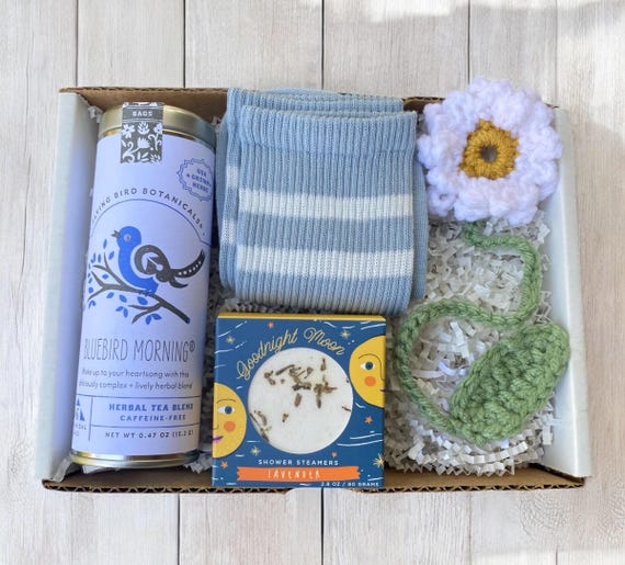 Blue Care Package - Tea, Shower Steamers,  Flower Bookmark & Socks - Gift Box - Book Lover Gift - Choose Your Card
