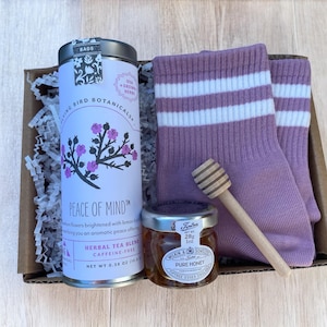 Build a Box item - Peace of Mind Tea Set - Organic Tea, Mini Honey, Wooden Dipper & Matching Cozy Socks