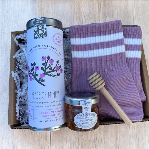 Build a Box item - Peace of Mind Tea Set - Organic Tea, Mini Honey, Wooden Dipper & Matching Cozy Socks