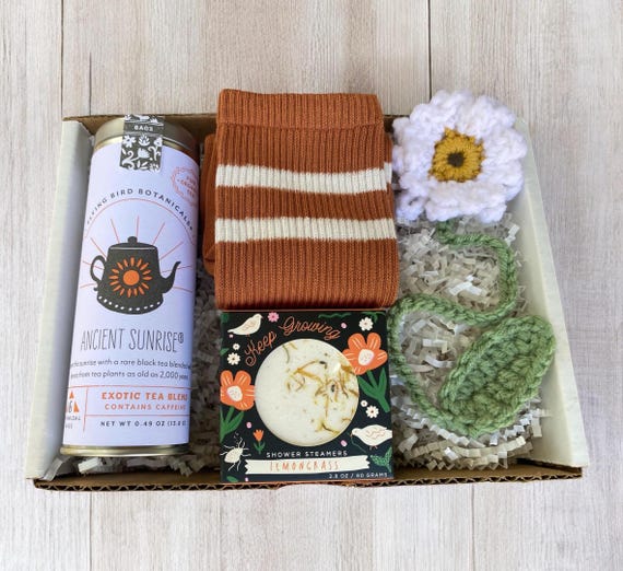 Orange Care Package - Tea, Shower Steamers,  Flower Bookmark & Socks - Gift Box - Book Lover Gift - Choose Your Card