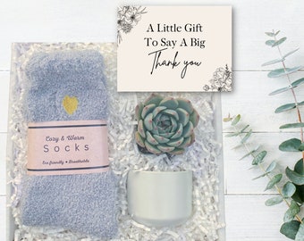 Thank You Gift - Grey Fuzzy Socks Gift Box - Thank You Plant Gift - Thank You Care Package - Teacher Appreciation - Employee Appreciation