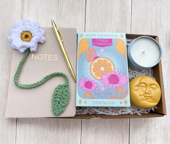 Bath Soak Care Package - Bath Soak, Crochet Flower Bookmark, Moon Soap, Notebook & Candle - Gift Box - Book Lover Gift - Choose Your Card
