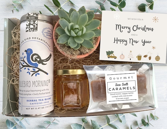 Christmas Gift Box - Tea & Plant Gift box - Care package with succulent, tea, honey and caramels - We Wish You a Merry Christmas Gift