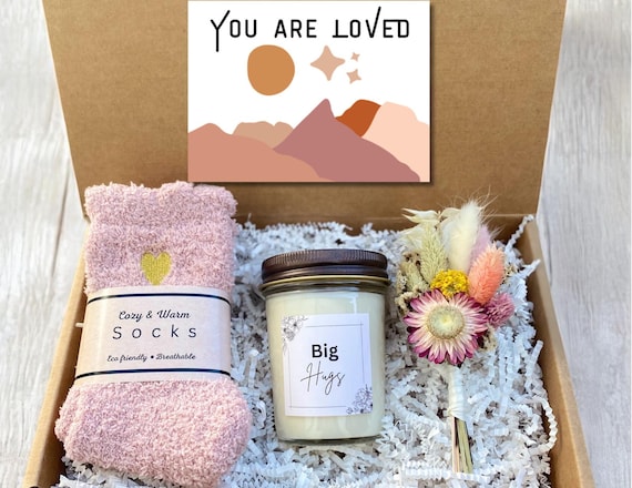 You Are Loved Gift - Big Hugs Gift For BFF - Friendship Gift - Pink Socks, Bouquet & Candle Gift - Gift For Her - Big Hugs Gift