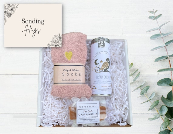 Sending Hugs Gift - Pink Fuzzy Socks, Dream Catcher Tea & Sea Salt Caramels - Gifts for Her - Sending Hugs Care Package