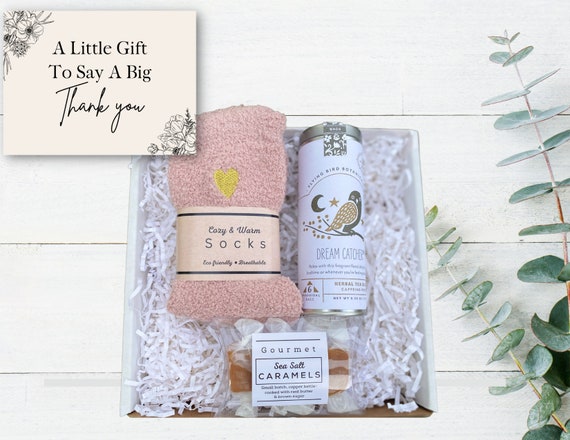 Thank You Gift - Pink Fuzzy Socks, Dream Catcher Tea & Sea Salt Caramels - Gifts for Her - Thank You Care Package