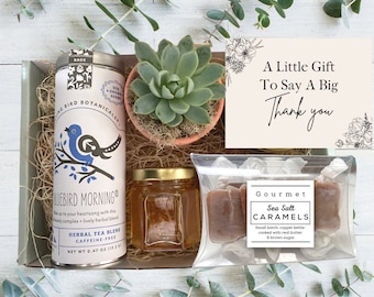 May include: A blue gift box with a succulent plant, a tin of herbal tea, a jar of honey, and a bag of gourmet sea salt caramels. The box has a tag that says "A Little Gift To Say A Big Thank You".