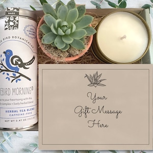 Coffret cadeau personnalisé pour le thé et les plantes - Carte personnalisée - Emballage d'entretien avec succulentes, thé et bougie - Cadeau pour elle