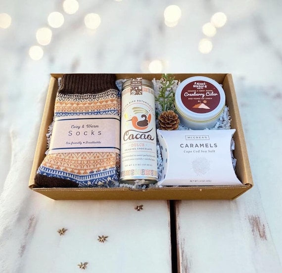 Hot Cocoa Gift - Care Package - Cozy Socks Gift - Friend Gift - Hot Cocoa, Caramels, Winter Socks & Cranberry Cider Candle  Choose Your Card