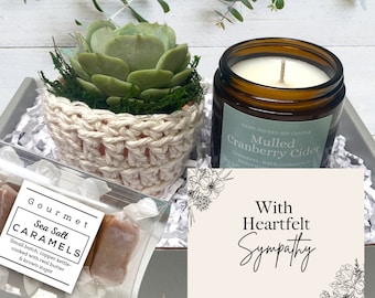 Sympathy Gift Box - Care Package - Plant Gift Box - Succulent with plant cozy, soy candle and sea salt caramels in decorative gift box