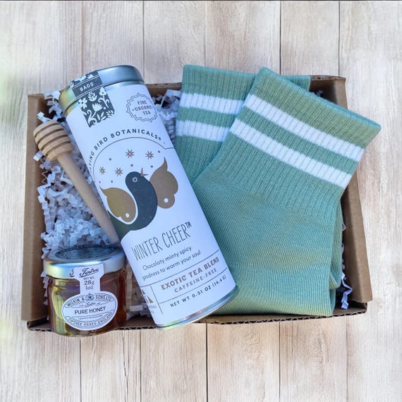 Build a Box item - Winter Cheer Tea Set - Organic Tea, Mini Honey, Wooden Dipper & Matching Cozy Socks