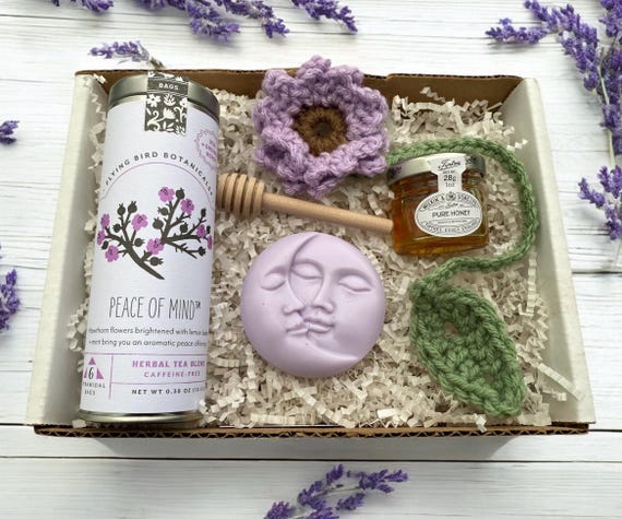 Cozy Care Package- Tea, Crochet Flower Bookmark, Moon Soap & Honey - Thank You Gift - Gift For Friend - Book Lover Gift - Choose Your Card
