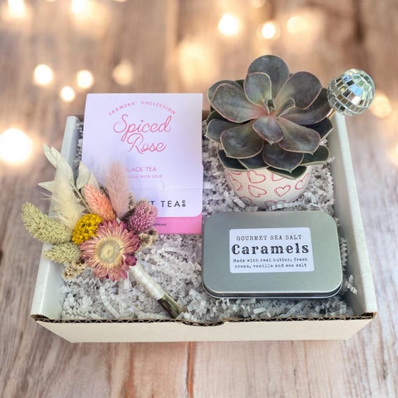 Friendship Gift - Pink Heart Planter, Dried Mini Flower Bouquet, Spiced Rose Tea & Sea Salt Caramels Gift