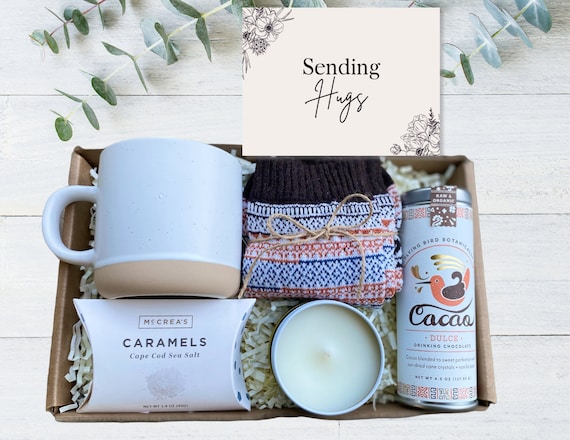 Sending Hugs Gift - Gift for Friend - Mug, Hot Cocoa, Caramels, Socks & Candle -  Sympathy Gift - Thank You Gift  - Cozy Gift