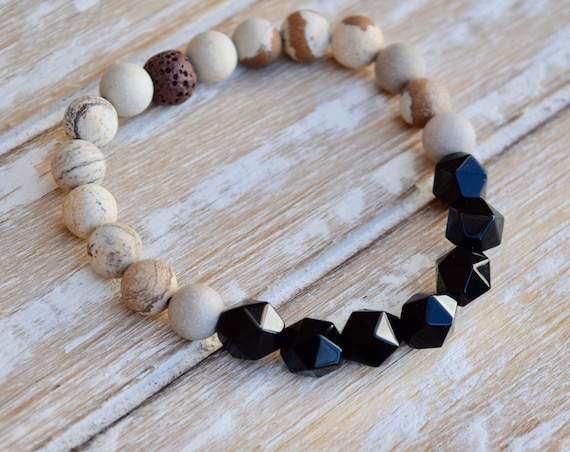 Grounding Bracelet - Black Agate Crystal Bracelet - Star Cut Gemstone Bracelet - Stretch Bracelet