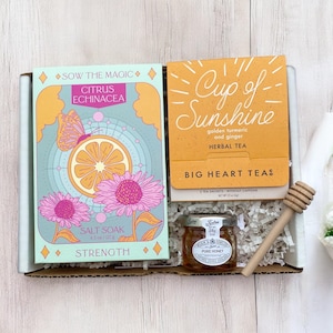 Ensemble de soins pour le bain - Bain au sel puissant, tasse de thé Sunshine et miel - Choisissez votre carte - Cadeau Guérir bientôt - Cadeau après la chirurgie