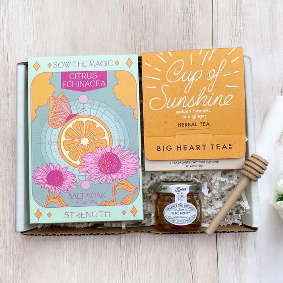 Bath Soak Care Package - Strength Salt Bath Soak, Cup of Sunshine Tea & Honey - Choose Your Card - Get Well Soon  Gift - After Surgery Gift