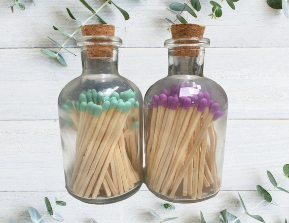 Apothecary Matches - Safety Matches in Glass Apothecary Jar - Wood Matchsticks Apothecary Jar - Colored Tips - Matchstick Jar - Candle Gifts
