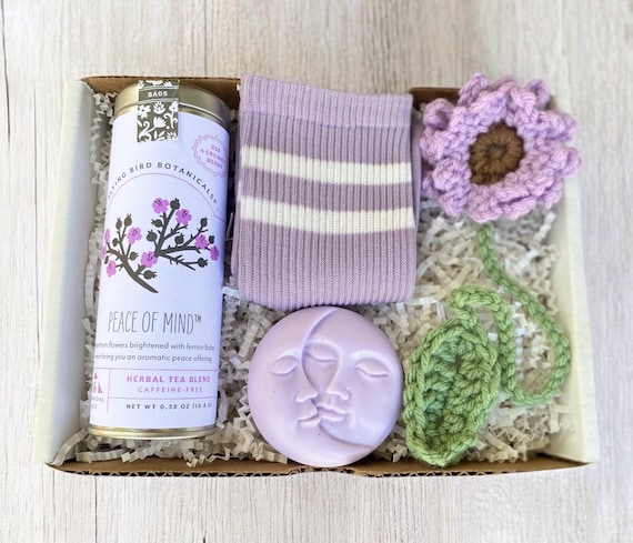 Lavender Care Package - Tea, Crochet Flower Bookmark, Socks, Moon Soap - Gift For Friend - Book Lover Gift - Choose Your Card