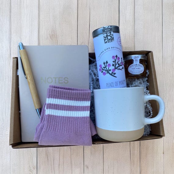 Peace Of Mind Tea Gift Box - Tea Care Package - Organic Tea, Mug, Mini Honey, Notebook, Pen & Matching Cozy Socks - Choose Your Card