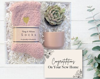 New Home Gift - Housewarming Gift Box for Her - Pink Fuzzy Socks Gift - Pink Planter Gift - New Apartment Care Package - Pink Decor Gift